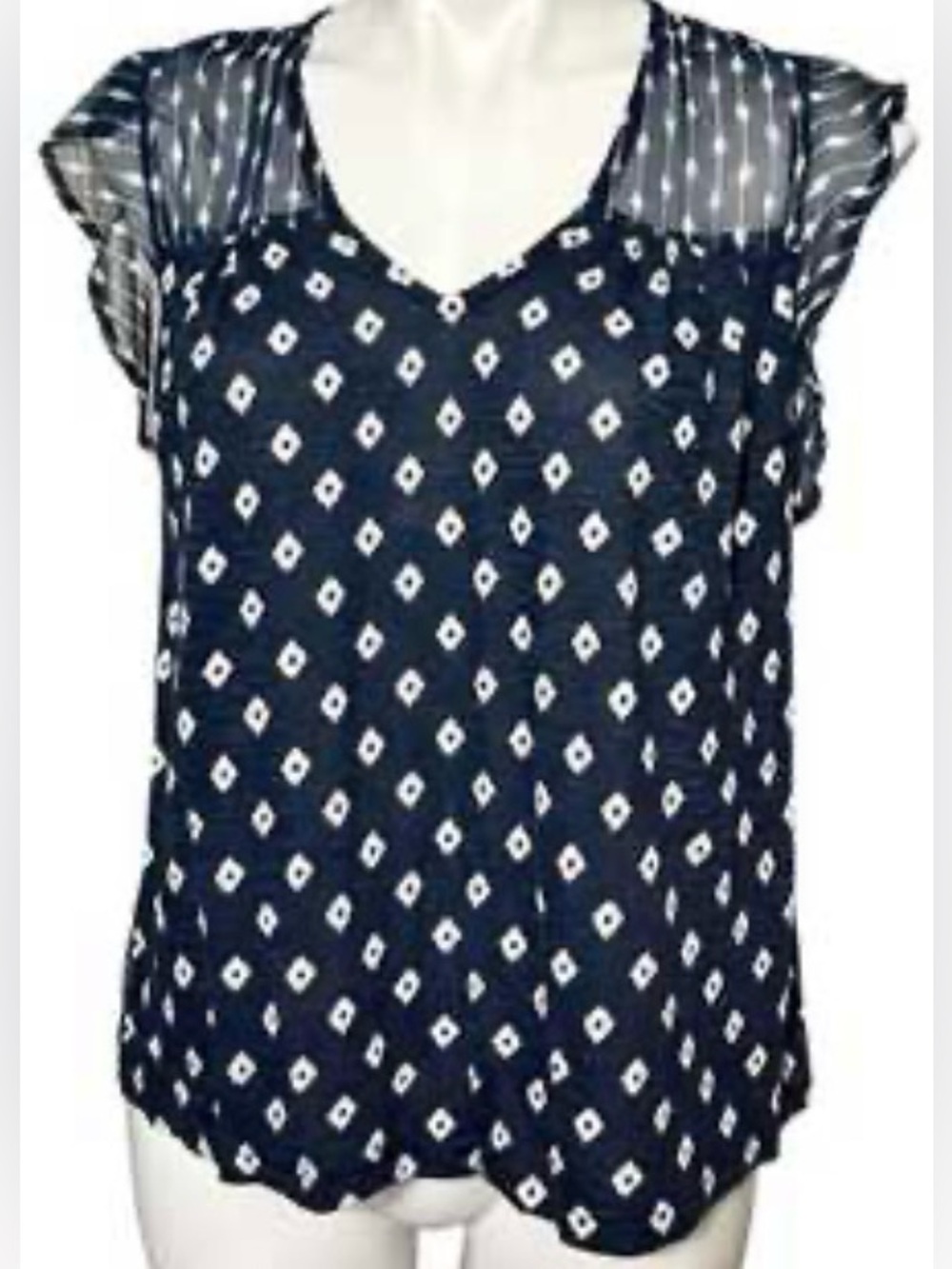 Lucky Brand Navy and White Diamond-Print V-Neck Flutter Blouse
